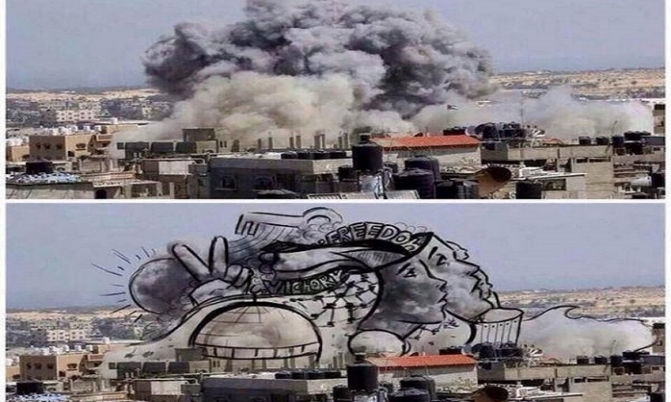 بالصور..فنانون فلسطينيون يحولون القصف الاسرائيلي الى ” لوحات فنية “