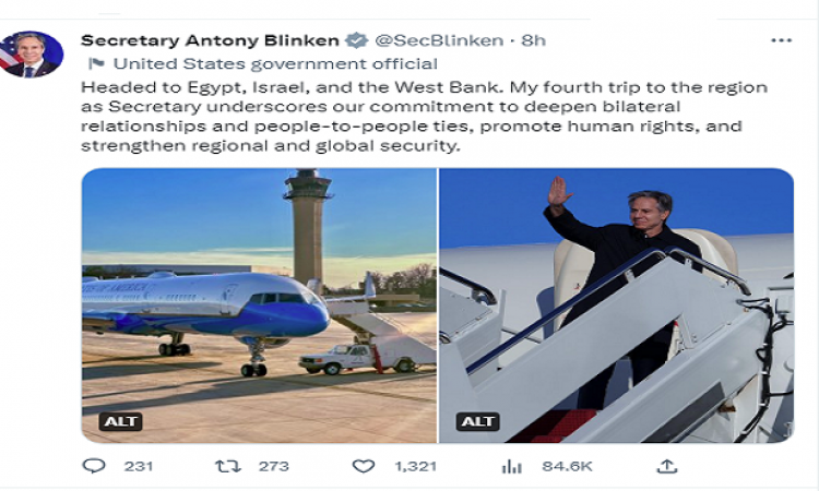 بلينكن : زيارتي إلى مصر وإسرائيل والضفة الغربية تؤكد التزام الولايات المتحدة بتعميق العلاقات الثنائية